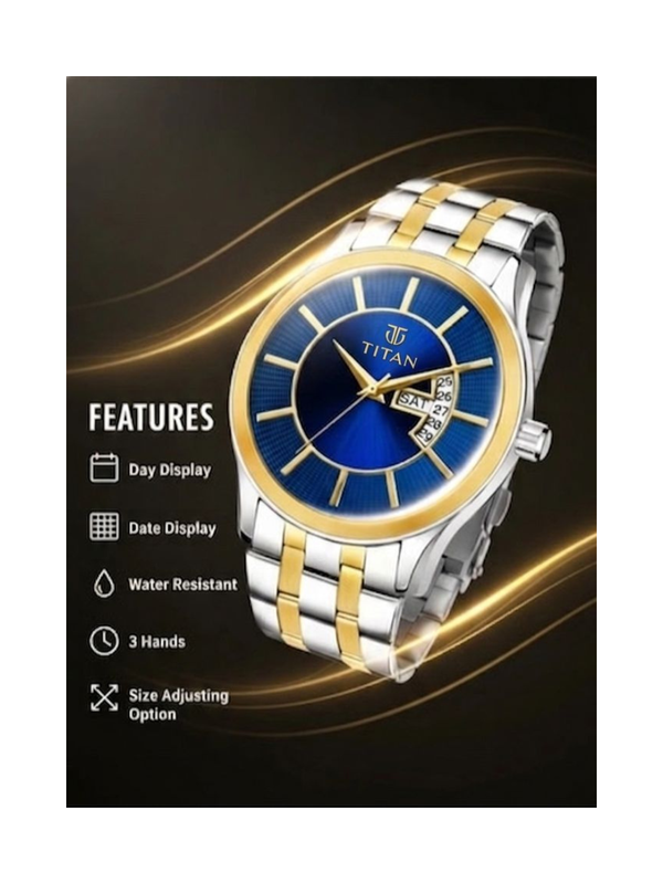 Titan Men’s Blue Dial Two-Tone Stainless Steel Analog Watch | Gold & Silver Premium Wrist Watch