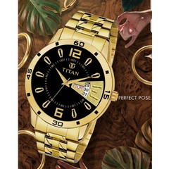 Titan Men’s Gold Stainless Steel Analog Watch | Black Dial Premium Luxury Wrist Watch