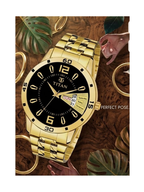 Titan Men’s Gold Stainless Steel Analog Watch | Black Dial Premium Luxury Wrist Watch