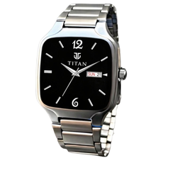 Titan Men’s Silver Stainless Steel Square Analog Watch | Black Dial Premium Wrist Watch