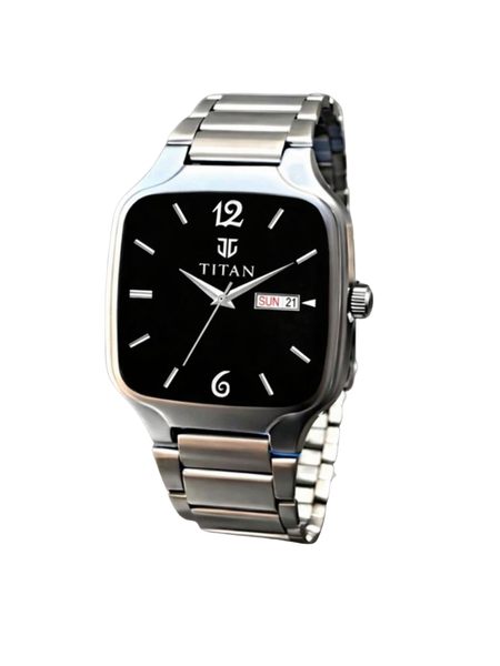 Titan Men’s Silver Stainless Steel Square Analog Watch | Black Dial Premium Wrist Watch