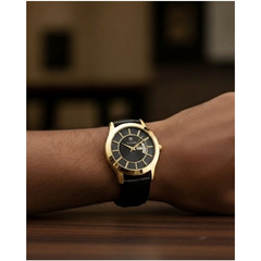Titan Men’s Black Leather Strap Analog Watch | Black Dial Gold-Tone Premium Wrist Watch