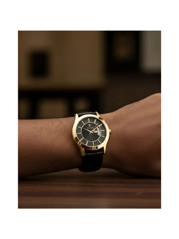 Titan Men’s Black Leather Strap Analog Watch | Black Dial Gold-Tone Premium Wrist Watch