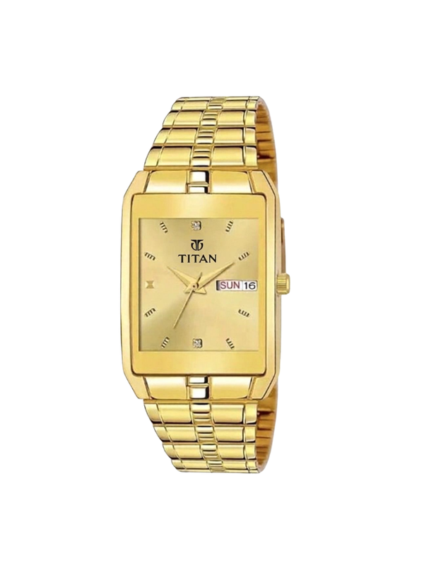 Titan Men’s Gold Stainless Steel Rectangular Analog Watch | Champagne Dial Premium Wrist Watch