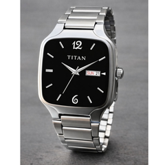 Titan Men’s Silver Stainless Steel Square Analog Watch | Black Dial Premium Wrist Watch
