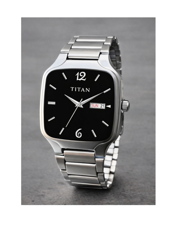 Titan Men’s Silver Stainless Steel Square Analog Watch | Black Dial Premium Wrist Watch
