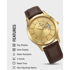 Titan Men’s Brown Leather Strap Analog Watch | Champagne Dial Gold-Tone Premium Wrist Watch