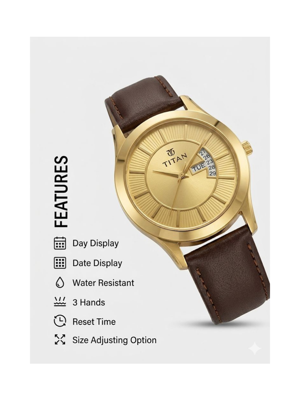 Titan Men’s Brown Leather Strap Analog Watch | Champagne Dial Gold-Tone Premium Wrist Watch