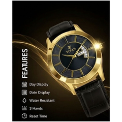 Titan Men’s Black Leather Strap Analog Watch | Black Dial Gold-Tone Premium Wrist Watch