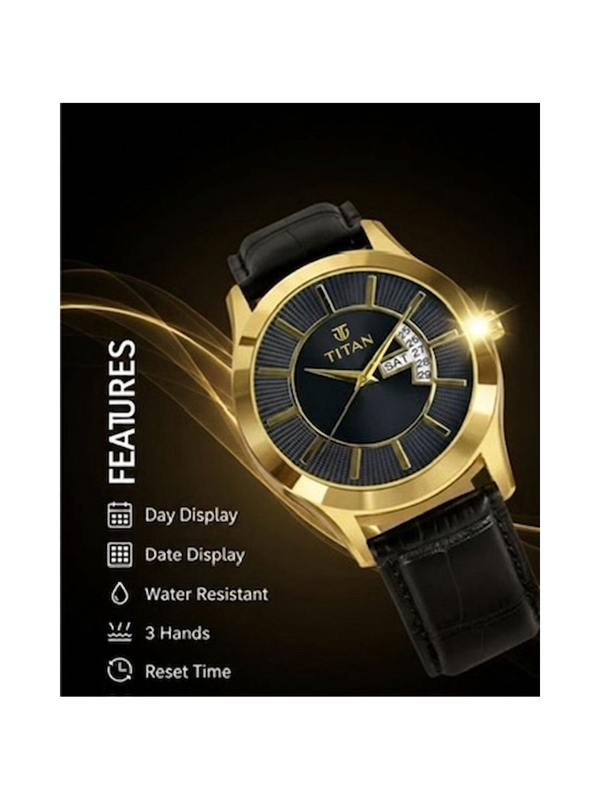 Titan Men’s Black Leather Strap Analog Watch | Black Dial Gold-Tone Premium Wrist Watch