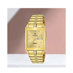 Titan Men’s Gold Stainless Steel Rectangular Analog Watch | Champagne Dial Premium Wrist Watch