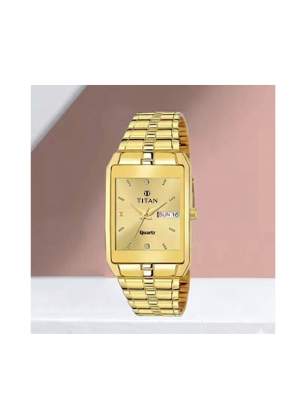 Titan Men’s Gold Stainless Steel Rectangular Analog Watch | Champagne Dial Premium Wrist Watch