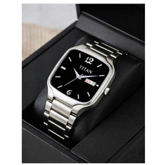Titan Men’s Silver Stainless Steel Square Analog Watch | Black Dial Premium Wrist Watch
