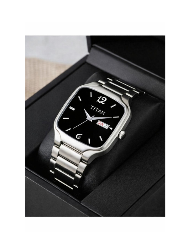 Titan Men’s Silver Stainless Steel Square Analog Watch | Black Dial Premium Wrist Watch