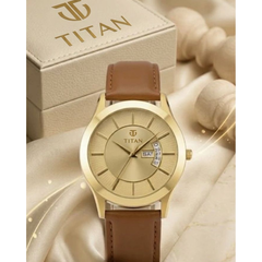 Titan Men’s Brown Leather Strap Analog Watch | Champagne Dial Gold-Tone Premium Wrist Watch