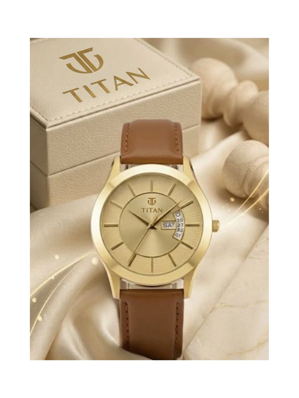 Titan Men’s Brown Leather Strap Analog Watch | Champagne Dial Gold-Tone Premium Wrist Watch