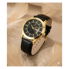 Titan Men’s Black Leather Strap Analog Watch | Black Dial Gold-Tone Premium Wrist Watch