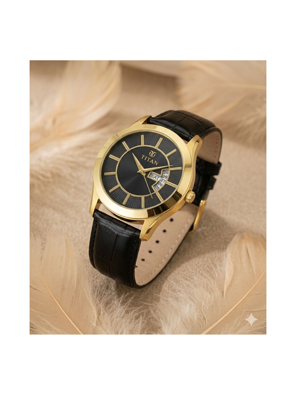 Titan Men’s Black Leather Strap Analog Watch | Black Dial Gold-Tone Premium Wrist Watch