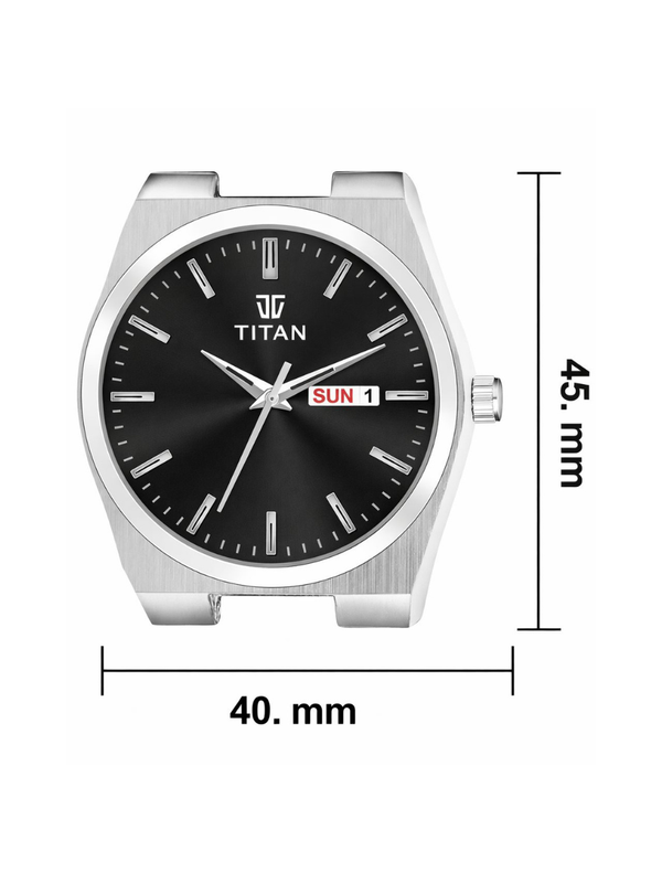 Titan Men’s Silver Stainless Steel Analog Watch | Black Dial Premium Day & Date Wrist Watch