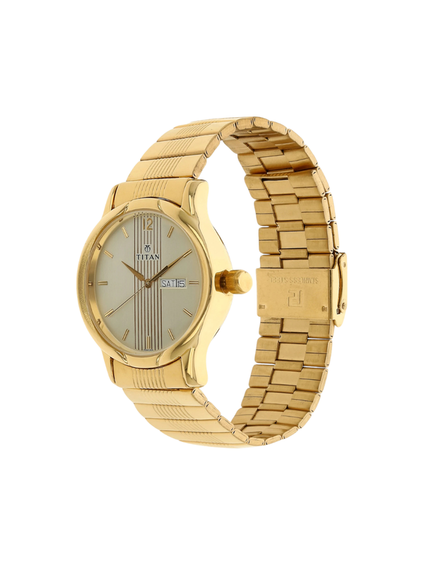 Men’s Gold Stainless Steel Analog Watch | Champagne Dial Premium Elegant Wrist Watch
