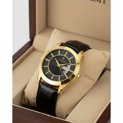 Titan Men’s Black Leather Strap Analog Watch | Black Dial Gold-Tone Premium Wrist Watch