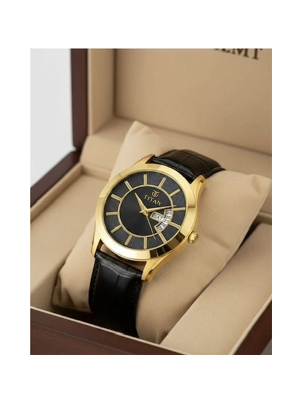 Titan Men’s Black Leather Strap Analog Watch | Black Dial Gold-Tone Premium Wrist Watch