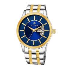 Titan Men’s Blue Dial Two-Tone Stainless Steel Analog Watch | Gold & Silver Premium Wrist Watch
