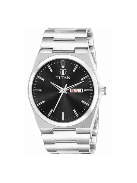 Titan Men’s Silver Stainless Steel Analog Watch | Black Dial Premium Day & Date Wrist Watch