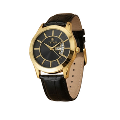 Titan Men’s Black Leather Strap Analog Watch | Black Dial Gold-Tone Premium Wrist Watch