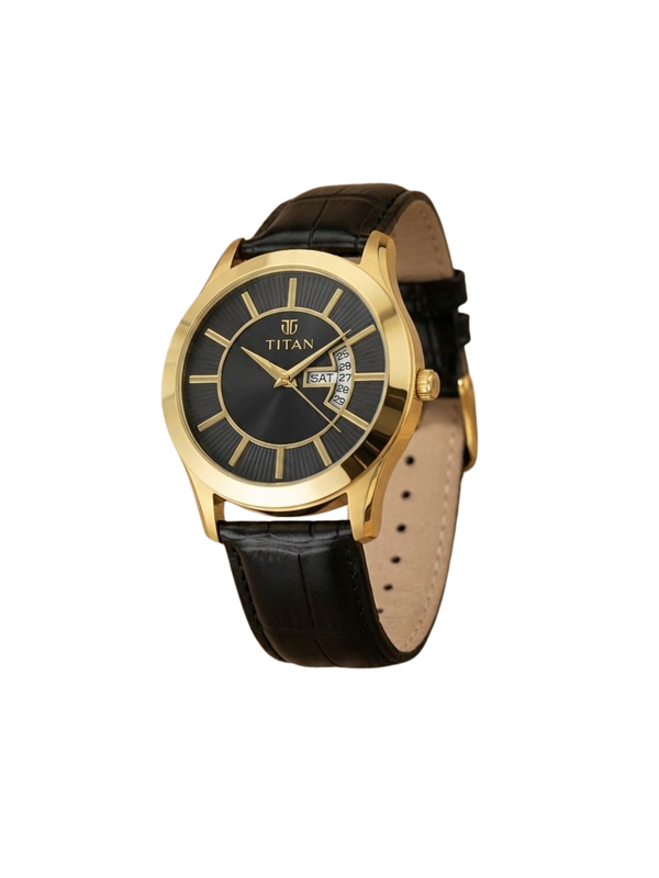 Titan Men’s Black Leather Strap Analog Watch | Black Dial Gold-Tone Premium Wrist Watch