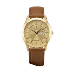 Titan Men’s Brown Leather Strap Analog Watch | Champagne Dial Gold-Tone Premium Wrist Watch