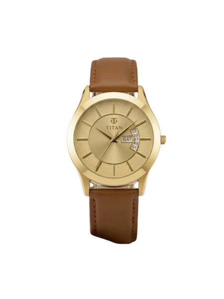 Titan Men’s Brown Leather Strap Analog Watch | Champagne Dial Gold-Tone Premium Wrist Watch